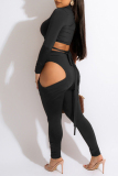 Black Fashion Sexy Solid Hollowed Out Strap Design Turndown Collar Long Sleeve Two Pieces