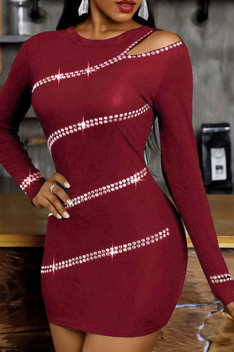 Burgundy Sexy Solid Hollowed Out Patchwork Hot Drill O Neck One Step Skirt Dresses