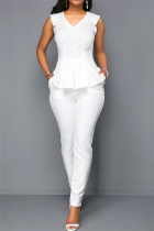 White Fashion Casual Solid Split Joint V Neck Regular Jumpsuits