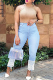Medium Blue Fashion Casual Solid Lace Patchwork Plus Size Jeans