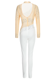White Sexy Patchwork See-through Hot Drill Half A Turtleneck Skinny Jumpsuits