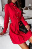 Red Fashion Casual Solid Basic Turndown Collar Long Sleeve Dresses