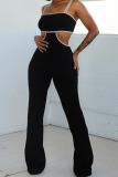 Black Sexy Solid Hollowed Out Patchwork Spaghetti Strap Straight Jumpsuits