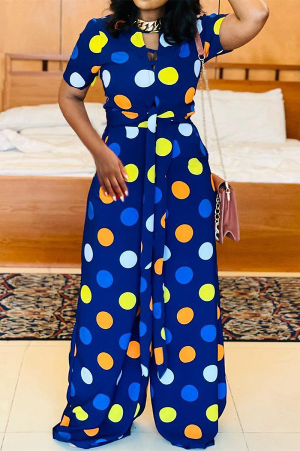 Blue Fashion Casual Dot Print Hollowed Out O Neck Regular Jumpsuits