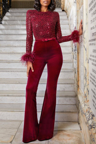 Burgundy Fashion Sexy Solid Patchwork Feathers Beading O Neck Straight Jumpsuits