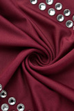Burgundy Sexy Solid Hollowed Out Patchwork Hot Drill O Neck One Step Skirt Dresses