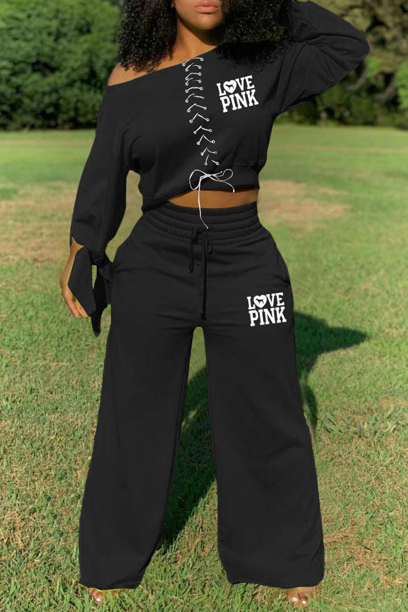 

Black Fashion Casual Letter Bandage Oblique Collar Long Sleeve Two Pieces