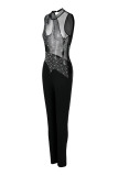 Black Fashion Sexy Patchwork Hot Drilling See-through Half A Turtleneck Skinny Jumpsuits
