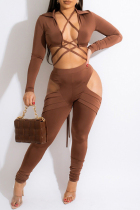 Coffee Fashion Sexy Solid Hollowed Out Strap Design Turndown Collar Long Sleeve Two Pieces