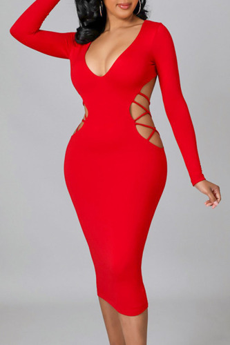 Red Sexy Solid Hollowed Out Patchwork Backless V Neck One Step Skirt Dresses