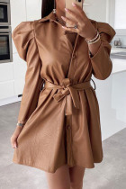 Khaki Fashion Casual Solid Split Joint Buckle Turndown Collar A Line Dresses