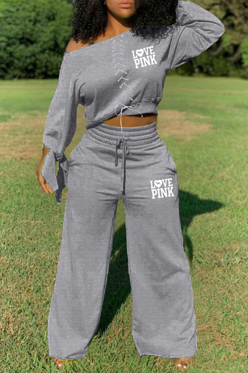 

Light Gray Fashion Casual Letter Bandage Oblique Collar Long Sleeve Two Pieces