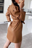 Khaki Fashion Casual Solid Patchwork Buckle Turndown Collar A Line Dresses