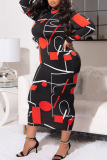 Black Plus Size Fashion Geometric Printing O Neck Wrapped Skirt Plus Size Dresses