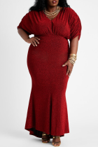 Red Sexy Solid Split Joint V Neck Evening Dress Plus Size