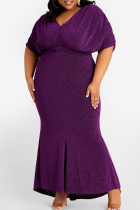 Purple Sexy Solid Split Joint V Neck Evening Dress Plus Size