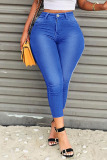 Medium Blue Casual Solid Patchwork High Waist Regular Denim Jeans
