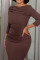 Brown Fashion Casual Solid Fold O Neck Long Sleeve Pencil Dresses