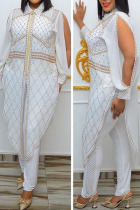 White Casual Solid Split Joint Beading Asymmetrical Zipper Turndown Collar Plus Size Two Pieces