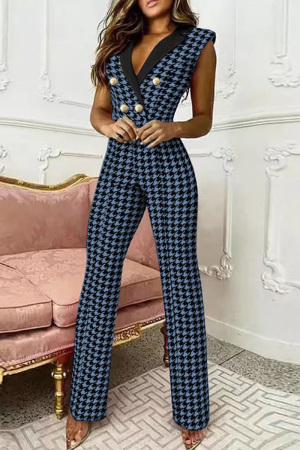 Navy Fashion Casual Print Patchwork V Neck Regular Jumpsuits