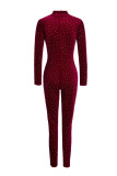 Red Fashion Sexy Patchwork Hot Drilling See-through Turtleneck Skinny Jumpsuits