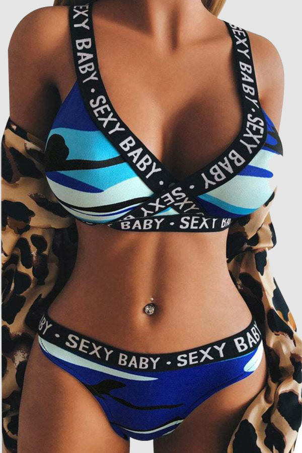 Blue Sexy Sportswear Patchwork Camouflage Print Letter Two-piece Set