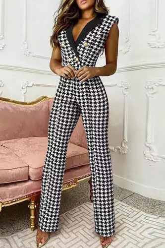 White Fashion Casual Print Patchwork V Neck Regular Jumpsuits