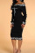 Black Casual Print Patchwork Off the Shoulder One Step Skirt Dresses