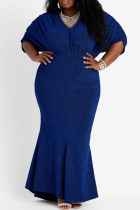 Blue Sexy Solid Patchwork V Neck Evening Dress Plus Size 