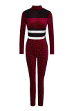 Red Fashion Sexy Patchwork Hot Drilling See-through Turtleneck Skinny Jumpsuits