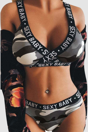 Grey Sexy Sportswear Patchwork Camouflage Print Letter Two-piece Set
