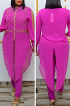 Purple Casual Solid Patchwork Beading Asymmetrical Zipper Turndown Collar Plus Size Two Pieces