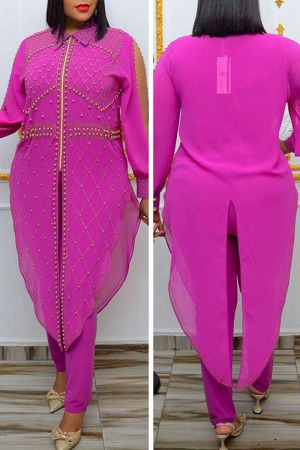 Purple Casual Solid Split Joint Beading Asymmetrical Zipper Turndown Collar Plus Size Two Pieces