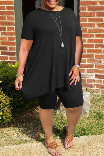 Black Fashion Casual Solid Basic O Neck Plus Size Two Pieces