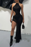 Black Sexy Solid Patchwork Halter Irregular Dress Dresses