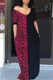 Rose Red Fashion V-Neck Short Sleeved Leopard Dress