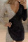 Black Sexy Solid Sequins Patchwork Asymmetrical V Neck One Step Skirt Dresses