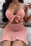 Pink Fashion Sexy Solid Hollowed Out Backless Spaghetti Strap Sleeveless Dress