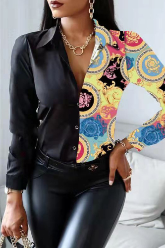 Colour Fashion Casual Print Patchwork Turndown Collar Tops