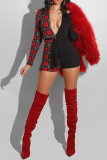 Red Sexy Plaid Patchwork V Neck Skinny Jumpsuits