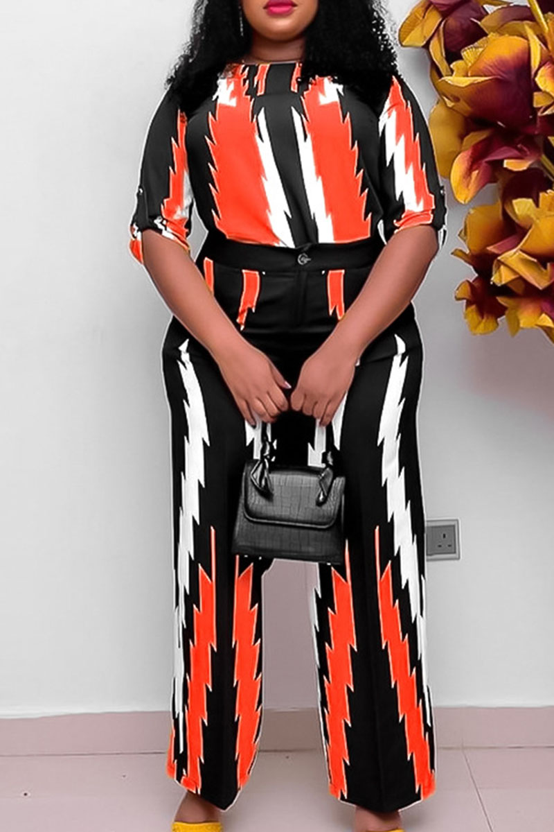 

Tangerine Red Casual Print Patchwork O Neck Plus Size Two Pieces