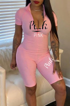 Pink Sexy Print Split Joint V Neck Regular Jumpsuits