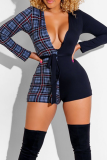 Red Sexy Plaid Patchwork V Neck Skinny Jumpsuits