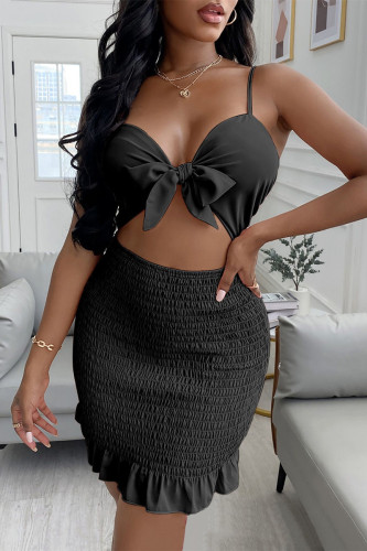 Black Fashion Sexy Solid Hollowed Out Backless Spaghetti Strap Sleeveless Dress
