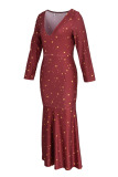Red Casual Print The stars Patchwork V Neck Trumpet Mermaid Dresses
