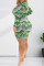 Green Fashion Sexy Print Basic Turtleneck Long Sleeve Dresses