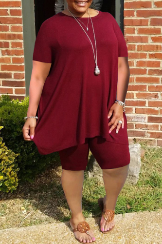 Burgundy Fashion Casual Solid Basic O Neck Plus Size Two Pieces