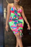 Multicolor Sexy Casual Print Draw String Frenulum Backless V Neck Sling Dress Plus Size Dresses