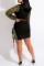 Black Fashion Sexy Patchwork Sequins Strap Design Turndown Collar Long Sleeve Two Pieces