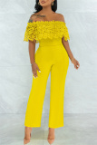 Yellow Fashion Casual Solid Lace Patchwork Off the Shoulder Regular Jumpsuits